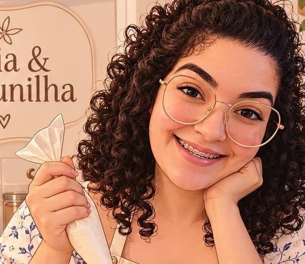 Bia sorrindo com o saco de confeitar na mão