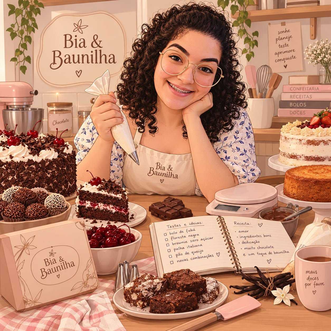Ilustração da Bia na cozinha, cercada de bolos, brownies e docinhos